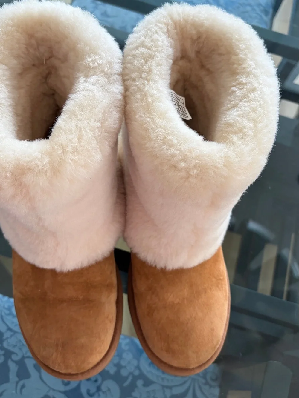 UGG Chestnut Suede Short Boots with Cream Shearling Cuff